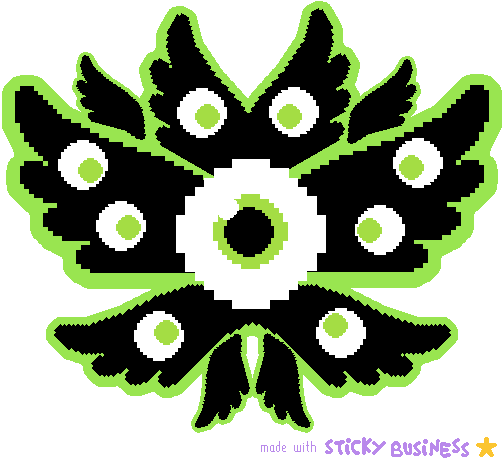 A sticker of an angel. It has a big eye in the center, with 10 wings sprouting out of it. Six of those wings also have eyes on them, for a total of nine eyes.